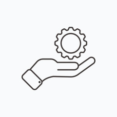 Development solution thin Line Icon. Gear in hand innovation logo. Illustration.