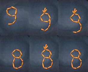 vegetable numbers of set on the black background. pattern mockup of  carrots  from polymer clay.nine eight