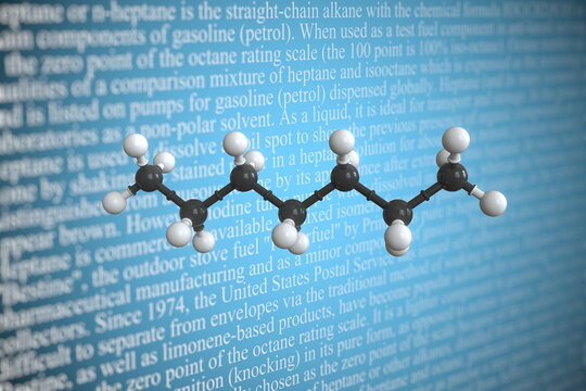 Molecular model of heptane, 3D rendering