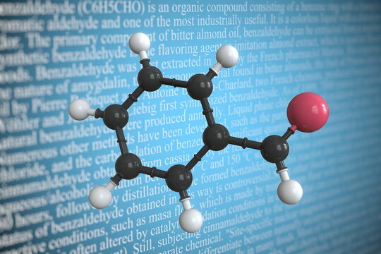 Molecular model of benzaldehyde, 3D rendering