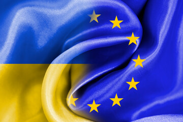 European flag and flag of Ukraine silk fabric