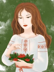 a girl in a national costume with a flower wreath in her hands