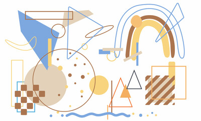 Set of abstract modern vector backgrounds, illustrations. Circles, lines, curves, triangles, squares and rhombuses. Elegant boho concept. Brown, leather, yellow and orange blue. Geometric design.