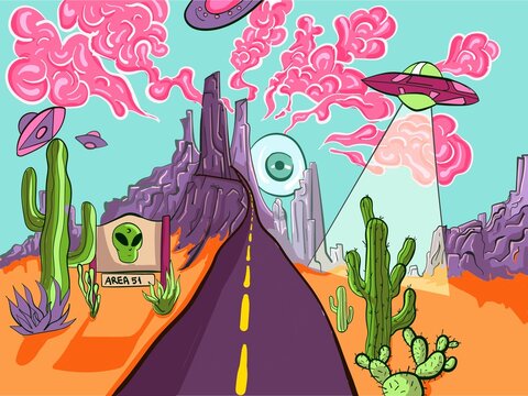 Trippy And Psychedelic Artwork Of Desert Landscape From Area 51. Surreal Illustration Of An Alien And UFO Invasion With Cactuses, Mountains And Pink Smokey Clouds.