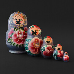 Matryoshka dolls with cross tape on mouth means Russian citizens acquiescence war in Ukraine
