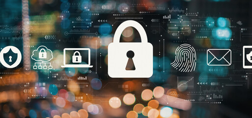 Internet network security concept with blurred city abstract lights background