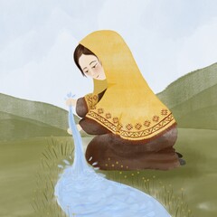 a girl in a headscarf is sitting by the river