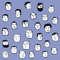 Portrait Drawings of Faces of Men in a Crowd