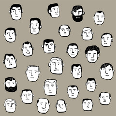 Portrait Drawings of Faces of Men in a Crowd
