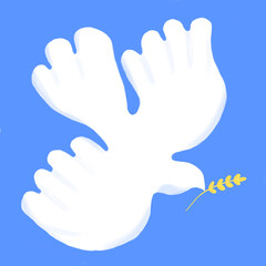 A white dove of peace against a blue sky carries a yellow ear of wheat. There is no war and no military aggression. Yes to peace and freedom!