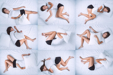 Top view of woman in different sleep positions. Tossing and turning at night. Insomnia, sleeping...