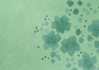 Green background with flowers. Watercolor texture. Old vintage background with blur, gradient and grunge texture. Background paper texture for graphic design and artistic creation.