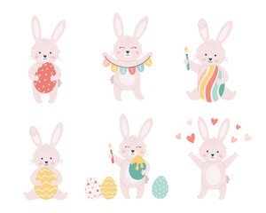 Easter bunnies collection. Bunny with Easter eggs. Happy Easter. Hand drawn vector illustration	
