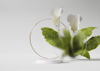 3D display podium white background and stone. Flower with green leaf and circle frame. Nature Blossom minimal pedestal for beauty, cosmetic product presentation.Feminine, organic mock up, 3d render