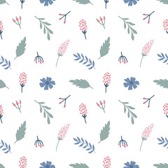 Seamless colorful floral pattern with wild flowers on white background. Simple Scandinavian style. Vector illustration