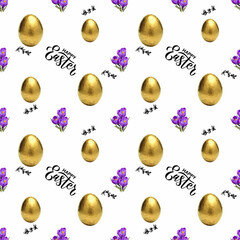 Easter seamless pattern with gold eggs, violet crocuses and handdraw lettering. Cute holiday vector background.