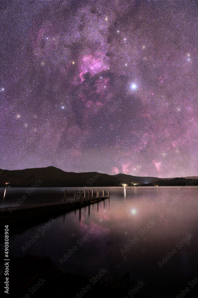 Wall mural space of the universe, beautiful panoramic view of the lake and mountain with milky way galaxy
