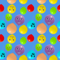 Seamless pattern with colorful and cheerful balloons flying against a blue sky background. Art...