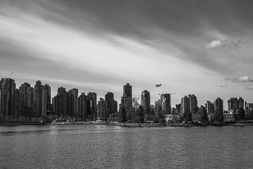 Grayscale shot of the cityscape of Vancouver, Canada