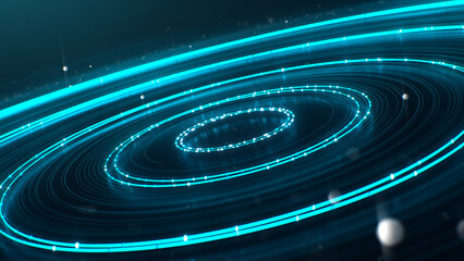 3d render flying and flickering circles along the neon trajectory with glitter particles