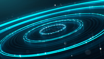 3d render flying and flickering circles along the neon trajectory with glitter particles