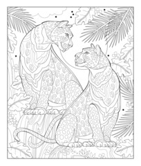 Fototapeta na wymiar Illustration of two leopards in the jungle. Wildlife animals. Image in zen-tangle style. Printable page for drawing and meditation. Coloring book for children and adults. Black and white vector.