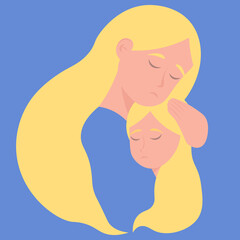 A scared sad mom calms her little blonde daughter. Colors of the flag of Ukraine. There is no war. Peace to the world. Flat vector illustration
