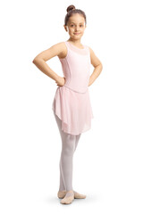 Full length portrait of a little girl ballerina in a pink dress