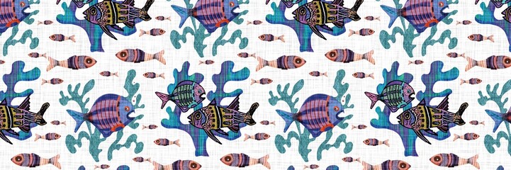 Colorful coastal seamless border with cute tropical fishes. Childish coral reef sealife fish banner. Playful summer beach edging fabric effect. Whimsical scandi fish riso endless trim. 
