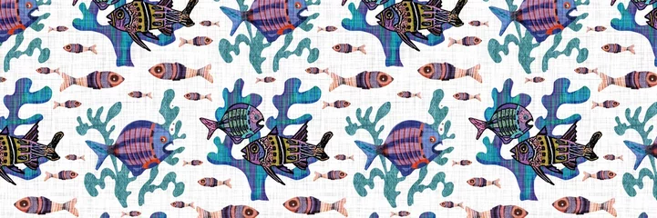 Cercles muraux Vie marine Colorful coastal seamless border with cute tropical fishes. Childish coral reef sealife fish banner. Playful summer beach edging fabric effect. Whimsical scandi fish riso endless trim. 