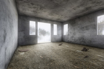 Raw Unfinished Room Of House with Grungy Wall and Dirty Floors.