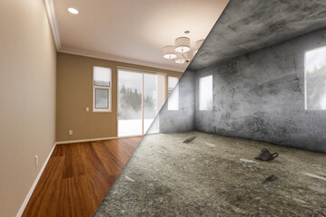 Unfinished Raw and Newly Remodeled Room Of House with Finished Wood Floors, Moulding, Paint and Ceiling Lights.