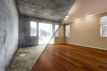 Unfinished Raw and Newly Remodeled Room Of House with Finished Wood Floors, Moulding, Paint and...