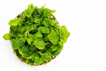 Watercress in bamboo basket on white background.