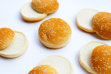 Hamburger buns with sesame on white background.