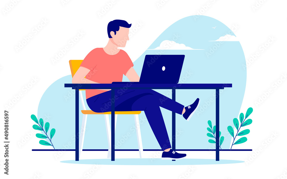 Leinwandbilder man working on laptop computer at desk. flat design vector illustration with white background