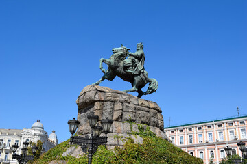 Landscapes of Kyiv, river station, pedestrian bridge, monument of The Motherland Calls, beautiful buildings and streets