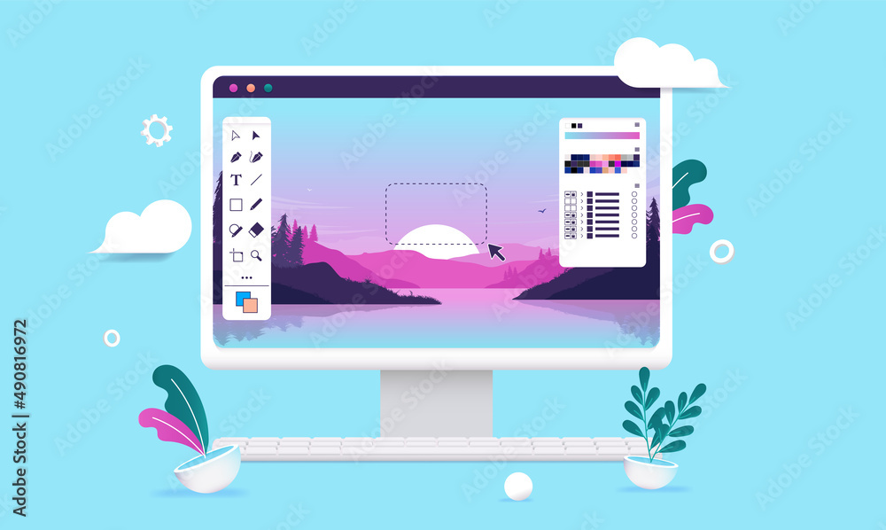 Poster Photo editing on desktop computer - Photo editor and graphic design software with user interface and beautiful landscape image. Vector illustration.