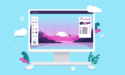 Photo editing on desktop computer - Photo editor and graphic design software with user interface and beautiful landscape image. Vector illustration.
