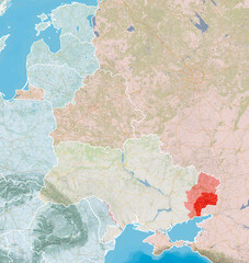 Map of Eastern Europe, Ukraine and neighboring states, satellite view, sides and factions. Allied states. Main roads and urban centers. War map