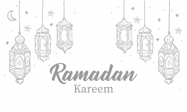 Ramadan Kareem greeting card with one line islamic ornament and calligraphy means "Holly Ramadan" . Vintage hand drawn vector illustration Isolated on white background..