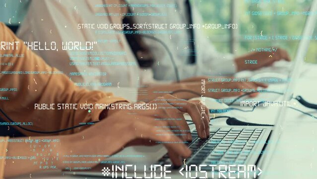 Programming and coding of future software envisional graphic . Computer application development concept .