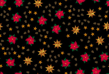 Holiday New Year and Merry Christmas Background with golden stars, cones and poinsettia flower. Illustration