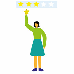 
girl holds a star, giving five stars feedback, leaves positive feedback, consumer feedback, cartoon illustration, flat design style