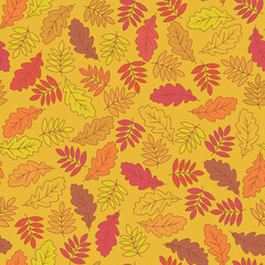 Naklejka na ściany i meble Autumn vector seamless pattern - fallen leaves on a orange background