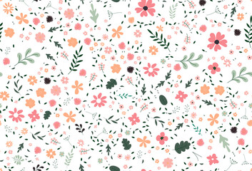 Cute colorful texture with flowes, leaves and plants. Illustration with natural elements. Brand new Pattern for your business
