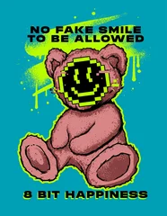 Poster street art graffiti style teddy bear illustration and happy emoticon with slogan print design © CHAKRart