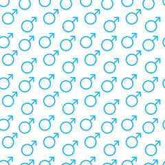 Blue Male sign. Circle with an arrow. Belonging to the masculine gender. Seamless pattern. Illustration.