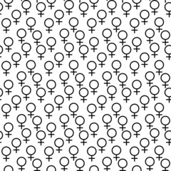 Black Female sign. Circle with a cross down. Belonging to the female gender. Seamless pattern. Illustration.