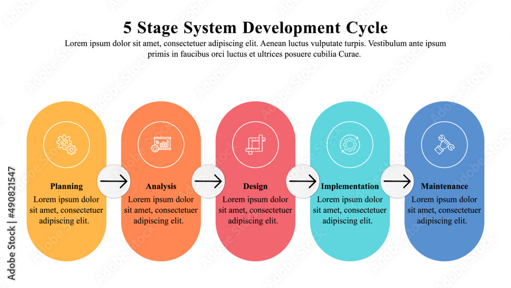 Wall mural infographic presentation template of 5 stage system development life cycle or application developmen